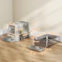 PawHut Caixa de Areia para Gatos de Aço Inoxidável XL com Tampa Articulada 180° Laterais Altas Pedal Pá 63x43x43 cm Cinza Claro(m-3)