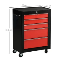 HOMCOM Chariot à outils sur roulettes, Servante d'atelier en acier 5 tiroirs verrouillable 2 clés, 61,5 x 33 x 82,5 cm, rouge(m-3)