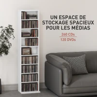 HOMCOM Rangements pour CD et DVD 9 compartiments et 6 étagères réglables capacité max. 260 CD/120 DVD 33 x 24 x 140 cm blanc(m-4)