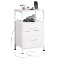 Nachttisch mit Ladefunktion, großer Stauraum, passend für Schlafzimmer, Wohnzimmer und Büro, 39.8x29.8x64.2 cm, Weiß(m-1)