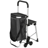 HOMCOM Carrinho de Compras, bolsa Oxford 40 L, design de 3 rodas, estrutura em alumínio, assento, cinza escuro(m-7)