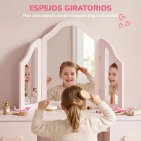 AIYAPLAY Tocador de Maquillaje Niñas con Taburete 3 Espejos Desmontables 2 Cajones 2 Armarios 7 Accesorios para +3 Años Rosa(m-5)