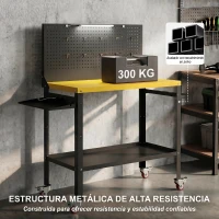 HOMCOM Banco de Trabajo con Panel Perforado Mesa de Trabajo con Enchufes Luz LED Ruedas Marco de Metal Negro y Amarillo(m-8)