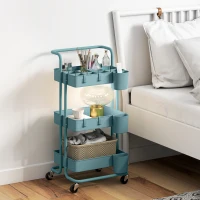 HOMCOM Chariot à 3 niveaux desserte avec 4 crochets et 3 boîtes suspendues amovibles pour 42 x 38 x 86,5 cm bleu-vert(m-8)