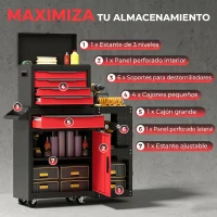 HOMCOM Carro de Herramientas con Ruedas 3 en 1 con 5 Cajones y Armario Inferior Paneles Perforados y Cerradura Negro y Rojo(m-5)