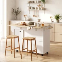 HOMCOM Isla de Cocina con Encimera Extensible Estación de Carga Ruedas 2 Puertas 3 Cajones Especiero y Toallero Blanco(m-8)