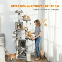 PawHut Árbol Rascador Grande para Gatos 192 cm con 3 Camas 2 Casitas 2 Hamacas Escalera Rascadora Postes de Sisal Gris Claro(m-4)