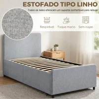 HOMCOM Cama Nido Individual 90x190 cm Estofada em Tecido Efeito Linho com Cabeceira e Estrado Metálico Cinzento Claro(m-5)