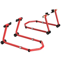 HOMCOM Béquille Moto, Capacité 390 kg, Support Avant et Arrière Réglable avec Fourches U+L, Clips de Serrage, 43x36x64cm, Rouge(m-1)