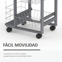 HOMCOM Carrito Auxiliar con Ruedas Carrito de Cocina con 3 Cestas Metálicas Cajón 2 Especieros 47x37x83 cm Gris(m-4)