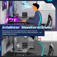 L-förmiger Gaming-Schreibtisch, App-steuerbare RGB-LED, doppelte offene Regale, 111x80x87 cm, Schwarz(m-5)