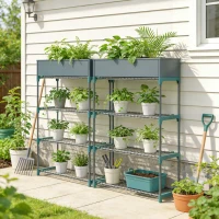 Outsunny Set di 2 Scaffali per Piante a 4 Livelli in Acciaio con Ganci, 90x28x104 cm, Verde(m-9)