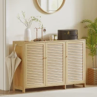 HOMCOM Bamboo Shoe Cabinet with Louvered Doors, 18 Pairs Shoe Storage Cabinet with Adjustable Shelves for Hallway, Natural(m-10)