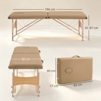 HOMCOM Marquesa de Massagem Dobrável com Estrutura em Madeira Altura Ajustável e Bolsa de Transporte 186x60x61-87 cm Castanho(m-3)