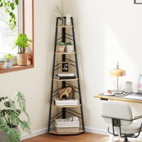 HOMCOM Corner Bookcase, 5-Tier Floor Standing Bookshelf, Shelving Unit for Living Room, Study, Bedroom, Natural Wood Finish(m-7)