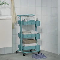 HOMCOM Chariot à 3 niveaux desserte avec 4 crochets et 3 boîtes suspendues amovibles pour 42 x 38 x 86,5 cm bleu-vert(m-9)