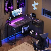 L-förmiger Gaming-Schreibtisch, App-steuerbare RGB-LED, doppelte offene Regale, 111x80x87 cm, Schwarz(m-3)