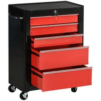 HOMCOM Chariot à outils sur roulettes, Servante d'atelier en acier 5 tiroirs verrouillable 2 clés, 61,5 x 33 x 82,5 cm, rouge(m-13)