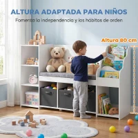AIYAPLAY Estantería Infantil Juguetes con Rincón de Lectura Cojín 3 Cajones de Tela 3 Estantes 4 Cubículos 137x40x80 cm Blanco(m-6)