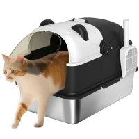 PawHut Litieră acoperită XL pentru pisici mari din oțel inoxidabil cu capac basculant, lopată, plic odorizant, design panda, negru(m-7)