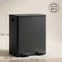 HOMCOM Papelera de Cocina de Acero Inoxidable con 2 Compartimentos 2x20L Pedal Tapas de Cierre Suave y Cubo Extraíble Negro(m-3)