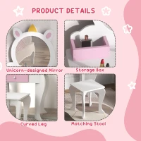 ZONEKIZ Set Toeletta Trucco Bambina con Sgabello, Postazione Trucco in Legno con Specchio Rotondo in Acrilico, 2 Scatole Portaoggetti, Design Unicorno, Tavolo Trucco per Bimbi 3-6 Anni, Rosa(m-6)