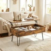 HOMCOM Mesa de Centro con Tapa Elevable Compartimento Oculto Patas de Acero 95x50x40 cm Marrón Rústico(m-2)
