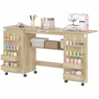 HOMCOM Mesa de Costura Plegable con 6 Ruedas 20 Clavijas para Hilos 4 Compartimentos Estante Roble(m-11)