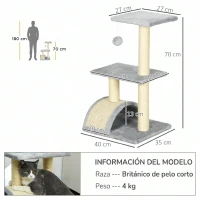 PawHut Árbol Rascador para Gatos Mediano de 3 Niveles con Rascador en Arco Plataformas Postes y Bola 40x35x72 cm Gris Claro(m-3)