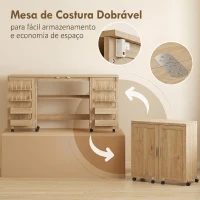 HOMCOM Mesa de Costura Dobrável com 6 Rodas 20 Pinos para Linhas 4 Compartimentos Prateleira Carvalho(m-5)