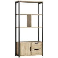 HOMCOM 4-Tier Bookcase, Bookshelf with 1 Cabinet and 2 Drawers for Living Room, Bedroom, Study, Natural Wood(m-1)