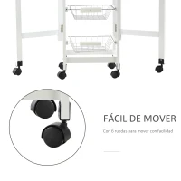 HOMCOM Carrito Auxiliar Plegable Carrito de Cocina con 6 Ruedas 1 Cajón y 3 Cesta de Metal 97,2x37x77,5 cm Blanco y Roble(m-5)