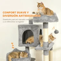 PawHut Árbol Rascador Grande para Gatos 192 cm con 3 Camas 2 Casitas 2 Hamacas Escalera Rascadora Postes de Sisal Gris Claro(m-7)