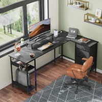L-förmiger Eckschreibtisch, app‑steuerbare LED und integrierte Stromstation, 167.5x50x87.5 cm, Schwarz(m-3)