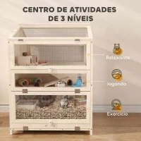 PawHut Gaiola para Hamster de Madeira de 3 Níveis com Bebedouros, Casotas, Baloiços, Bandeja Amovível e Tampas Rebatíveis, Natural(m-4)