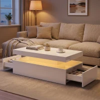 HOMCOM Mesa de Centro LED con Almacenamiento Moderno Mueble de Salón de 2 Niveles con 2 Cajones Blanco Brillo(m-11)