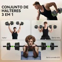 SPORTNOW Conjunto de Halteres Ajustáveis 3 em 1 30 kg Conjunto de Pesos com Barras de Conexão e Pegas Antiderrapantes Verde(m-4)