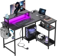 L-förmiger Gaming-Schreibtisch, App-steuerbare RGB-LED, doppelte offene Regale, 111x80x87 cm, Schwarz(m-1)