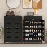 HOMCOM Shoe Cabinet with Louvered Doors, Modern Shoe Storage Cabinet with Drawer and Adjustable Shelves, Black(m-8)