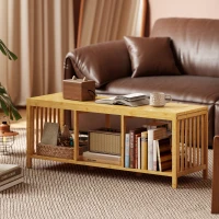 HOMCOM Bamboo Shoe Bench, Entryway Storage Bench with Padded Cushion and Open Shelf, Natural Wood Finish(m-9)