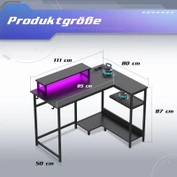 L-förmiger Gaming-Schreibtisch, App-steuerbare RGB-LED, doppelte offene Regale, 111x80x87 cm, Schwarz(m-7)