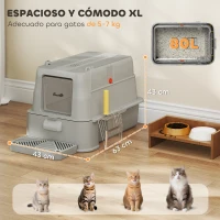 PawHut Arenero para Gatos de Acero Inoxidable XL con Tapa Abatible 180° Laterales Altos Pedal Pala Gris Claro(m-5)