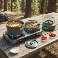 Outsunny Camping Cookware Set for 2-3 People, Ultralight Aluminium Camping Cooking Kit with Anti-Scald Handles, Grey(m-2)