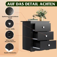 Nachttisch mit 3 Schubladen, integrierte Ladestation, modernes rustikales Design, 46.5x39.6x58.7 cm, Schwarz(m-6)