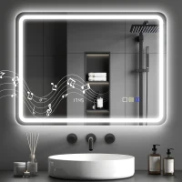 HOMCOM Miroir salle de bain Bluetooth avec éclairage LED 60 x 80 cm, miroir lumineux mural avec horloge, antibuée, argenté(m-14)