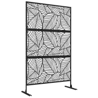 Outsunny Biombo de 3 Painéis 122x198 cm Biombo Separador de Ambientes com Suporte Design de Folhas Grandes Preto(m-1)