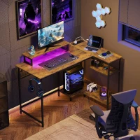 L-förmiger Eckschreibtisch mit RGB-LED, offene Ablagefächer, ergonomischer Monitoraufsatz, 122x80x87.5 cm, Braun(m-3)