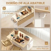 HOMCOM Isla de Cocina con Encimera Extensible Estación de Carga Ruedas 2 Puertas 3 Cajones Especiero y Toallero Blanco(m-4)