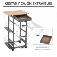 HOMCOM Carrito Auxiliar con Ruedas Carrito de Cocina con 3 Cestas Metálicas Cajón 2 Especieros 47x37x83 cm Gris(m-6)