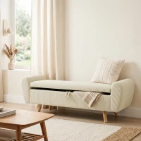 HOMCOM Banco de Arrumação 150 cm Estofado em Veludo Banco de Fundo de Cama com Braços Arredondados e Pés de Madeira Bege(m-10)
